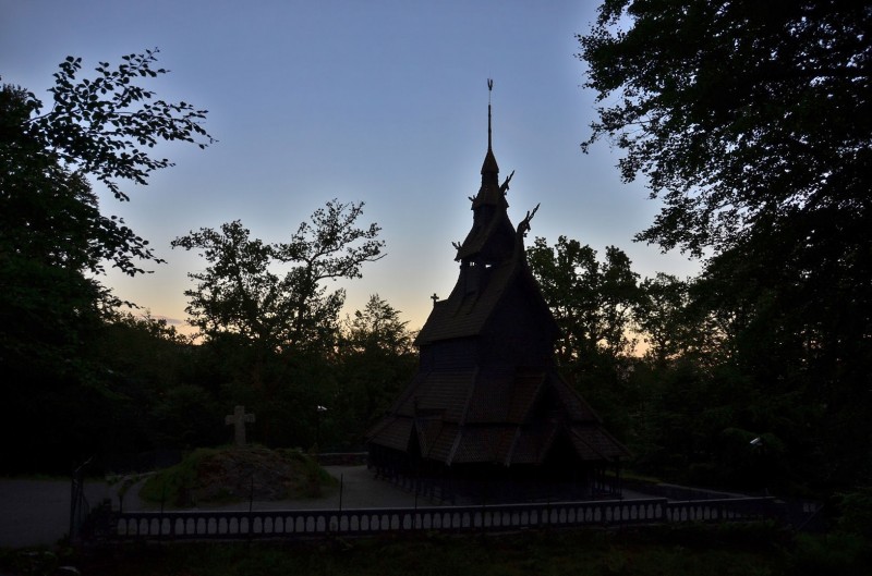 Bergen stave church fantoft norway stave church at dusk
