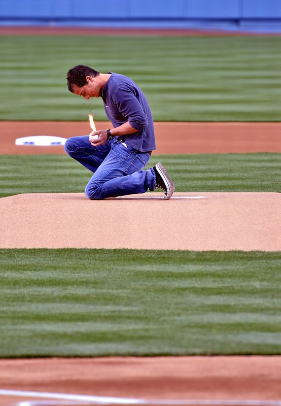 Bear Grylls ball fire dodgers pirates ceremonial first pitch dodger stadium Bear Grylls