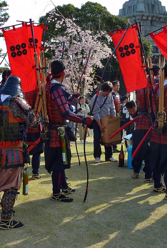 shingenko kofu japan sake drinking bows flags sakura cherry blossoms festival matsuri