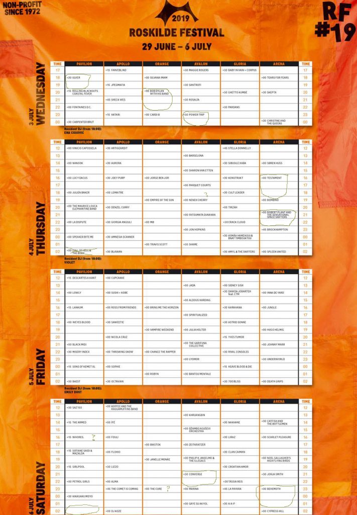 rf19 running order schedule lineup bands roskilde festival denmark