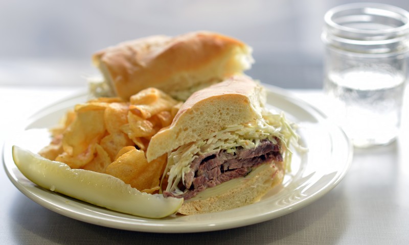 sammich pastrami on baguette russian dressing slaw