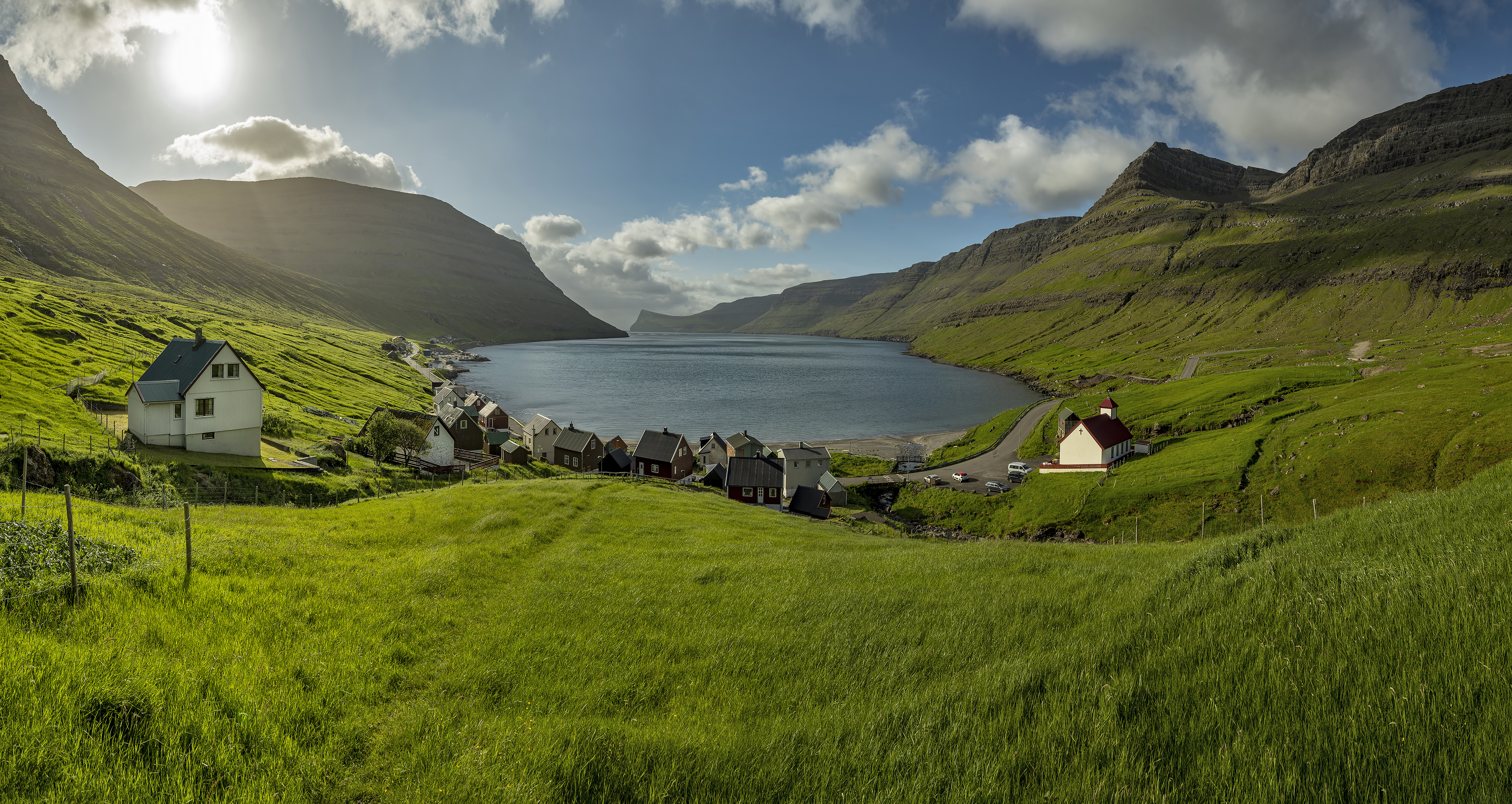 seven photo photomerge panorama fjord faroe islands Árnafjørður
